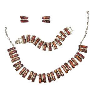 Vintage Coro Thermoset Parure Necklace Bracelet Earrings Copper Confetti *READ*